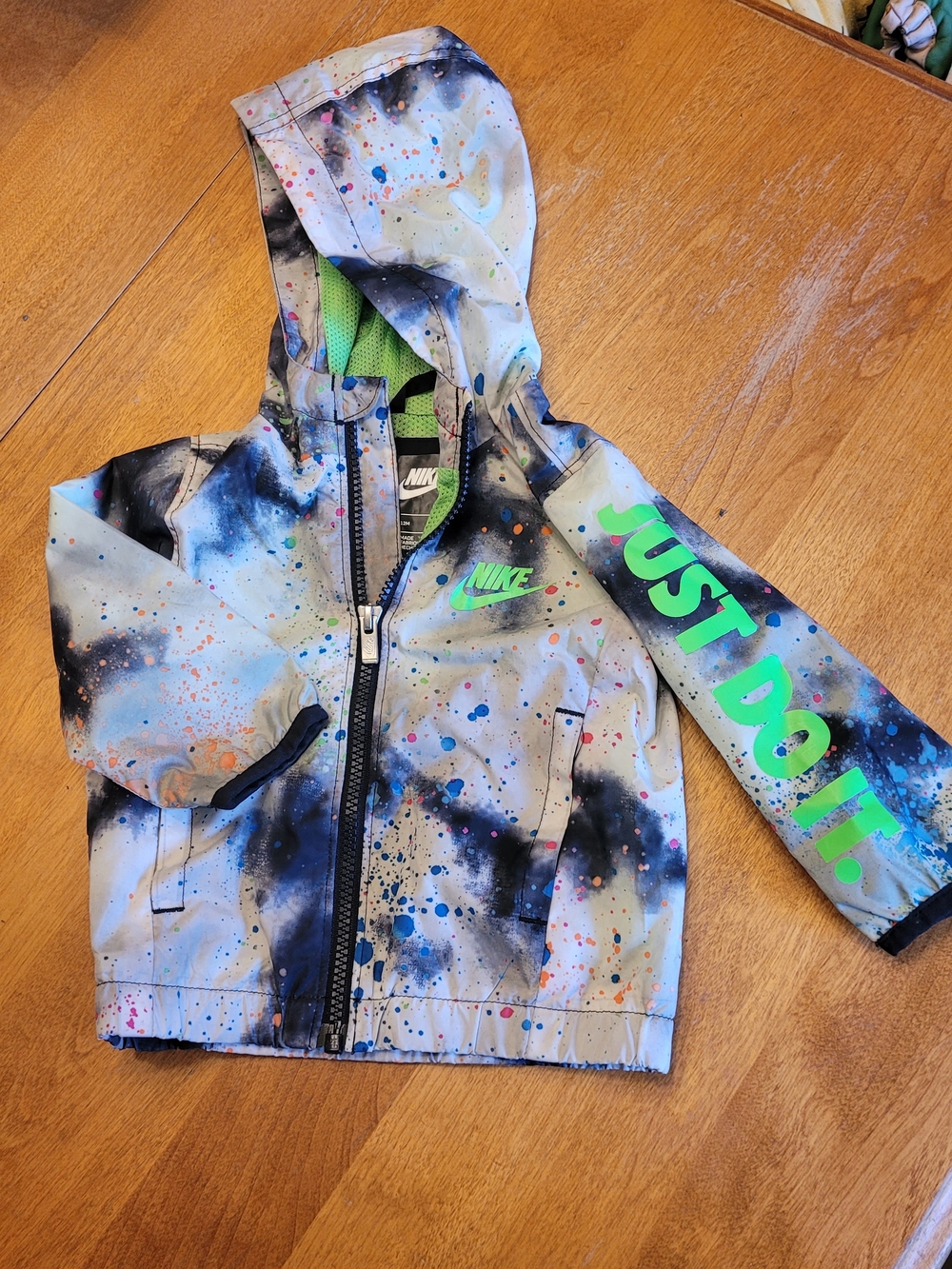 Nike Kids' Hooded Windbreaker Jacket - Neon Green & Multi Splash